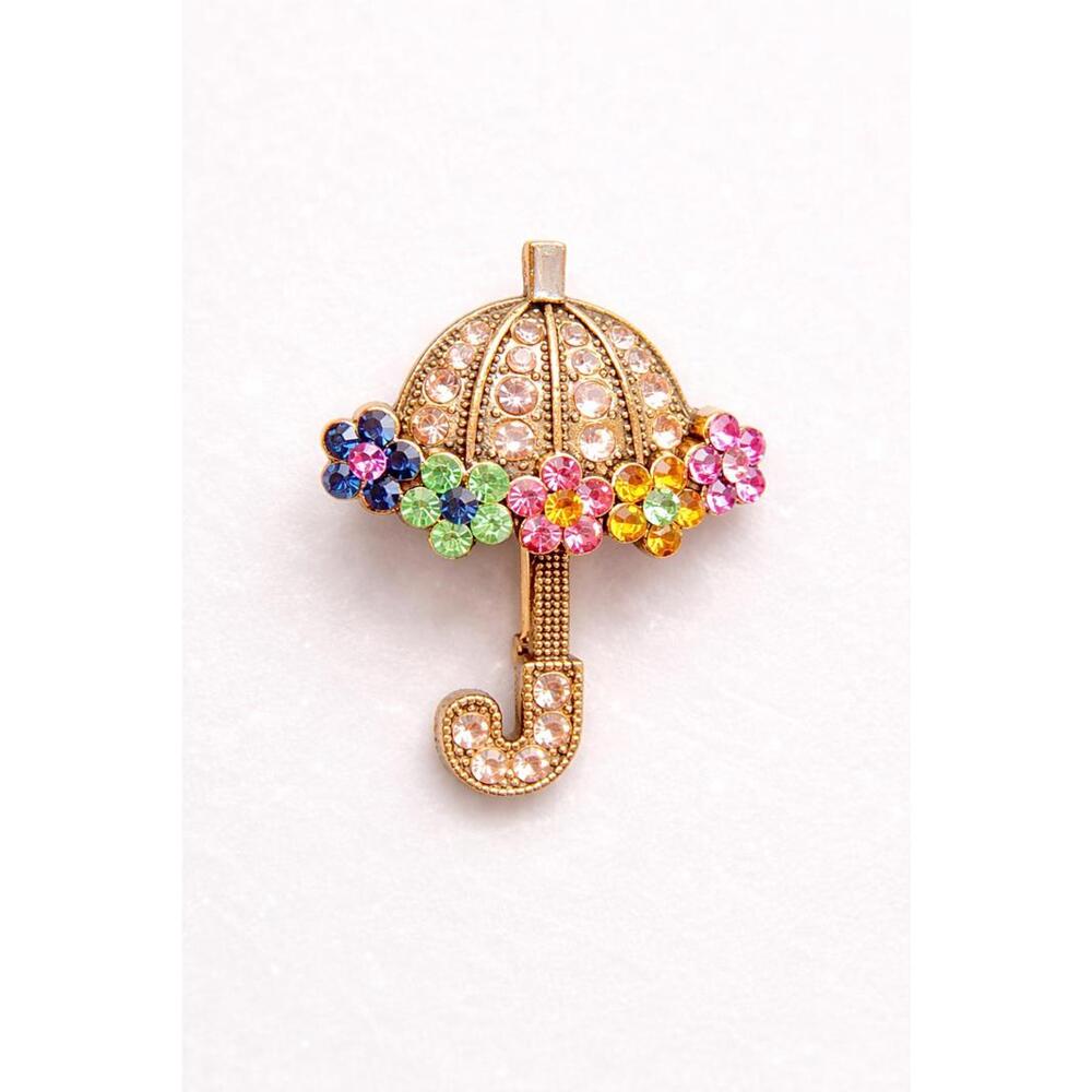 Vintage Umbrella Brooch Rhinestone Gold Tone Multicolor Flower Pin